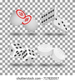 Realistic 3D game icons. Items to play dominoes, dice, checkers and lotto, vector illustration.