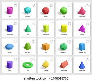 Realistic 3d geometric shapes. Basic geometry prism, cube, cylinder figures, geometric polygon and hexagon shapes vector illustration icons set. 3d cube shape geometric form