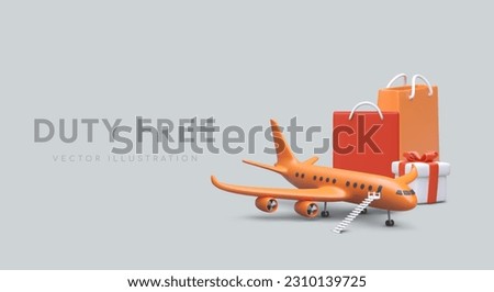 Realistic 3d gift box and plane ready for passengers. Advertising web page for airlines. Shopping before flight and aboard concept. Vector illustration in orange colors with blue background