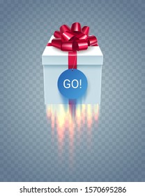 Realistic 3d gift box with red ribbon bow. White surprise box takes off with flame isolated on transparent background. Advertising layout for promotion and marketing. Festive announcement sale event.