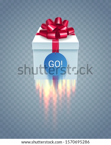 Realistic 3d gift box with red ribbon bow. White surprise box takes off with flame isolated on transparent background. Advertising layout for promotion and marketing. Festive announcement sale event.