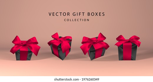 Realistic 3D gift boxes collection with bow isolated in light red empty room. Vector illustration.