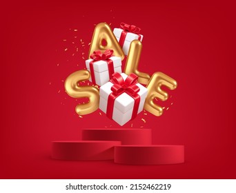 Realistic 3d gift boxes with red gift bows and Gold word Sale in the red background product podium scene and golden confetti. Vector illustration EPS10