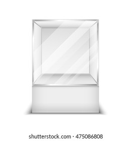 Realistic 3d Glass Box Shop Showcase Vector Illustration. Container Empty Transparent For Boutique And Exhibition