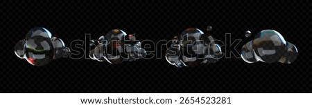 Realistic 3D glass cloud icon set with rainbow light refraction effect on transparent background. Modern glossy bubble cloud shapes for trendy design, branding, web UI.