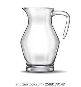 A realistic 3D glass jug featuring a wide base and narrow neck, designed for stylish serving. Its transparency and polished reflections make it an ideal tableware item for digital design projects.