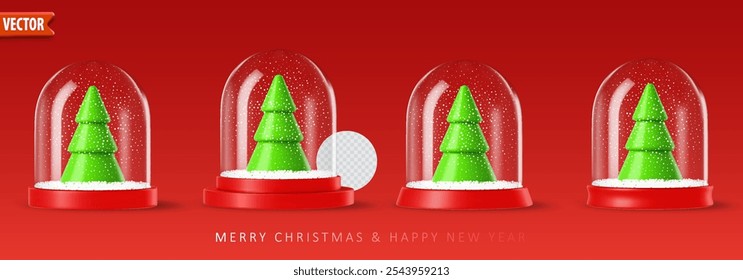 Globo de cristal realista de la nieve 3d con el árbol de navidad verde y las partículas de la nieve, puestas en un fondo rojo con las Navidades felices y el texto feliz del año Nuevo abajo. Ilustración vectorial realista