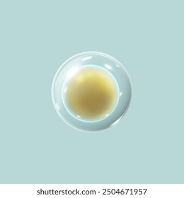 Realistic 3D glass sphere shield with yellow ball inside. Glossy volume circles with glares and highlights. Transparent spherical figure shape with bubble. Vector illustration isolated