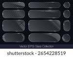 Realistic 3D glass transparent button set, round, square and rectangle frame with glare, flat glass or plastic plate, flat transparent glass lens, realistic screen glass, window mock