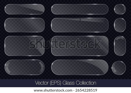 Realistic 3D glass transparent button set, round, square and rectangle frame with glare, flat glass or plastic plate, flat transparent glass lens, realistic screen glass, window mock