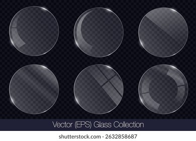 Realistic 3D glass transparent circle frame with glare, flat glass or plastic plate, flat transparent glass lens, realistic screen glass, window mockup, vector (EPS) illustration