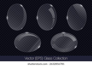 Realistic 3D glass transparent ellipse frame with glare, flat glass or plastic plate, flat transparent glass lens, realistic screen glass, window mockup, vector (EPS) illustration