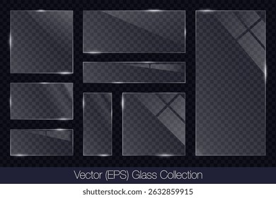 Verre 3D réaliste cadre carré et rectangle transparent avec éblouissement, verre plat ou plaque en plastique, lentille en verre transparent plat, écran réaliste en verre, maquette de fenêtre, illustration vectorielle
