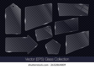 Realistic 3D glass transparent square, rectangle, arrow, price tag and polygon frame set with glare, flat glass or plastic plate, flat transparent glass lens, realistic screen glass