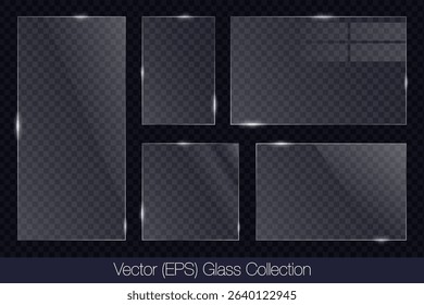 Realistic 3D glass transparent square and rectangle frame with glare, flat glass or plastic plate, flat transparent glass lens, realistic screen glass, window mockup, vector illustrattion