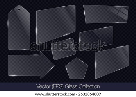 Realistic 3D glass transparent square, rectangle, arrow, price tag and polygon frame set with glare, flat glass or plastic plate, flat transparent glass lens, realistic screen glass