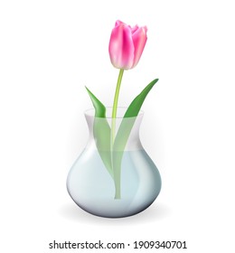 Realistic 3d glass transparent Vase with Tulips Flower. Design element for poster, greeting card. Vector Illustration