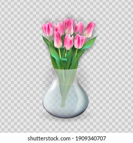 Realistic 3d glass transparent Vase with Tulips Flower. Design element for poster, greeting card. Vector Illustration