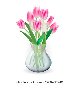 Realistic 3d glass transparent Vase with Tulips Flower. Design element for poster, greeting card. Vector Illustration