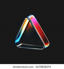 Ícone de triângulo de vidro 3D realista com gradiente de néon, efeito de prisma holográfico e textura de vidro líquido. Objeto geométrico futurista para design digital, interface de mídia, música e fundo tecnológico