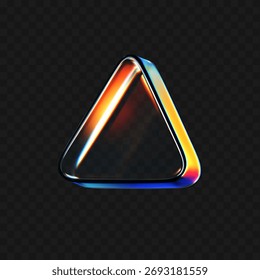 Ícone de triângulo de vidro 3D realista com gradiente de néon, efeito de prisma holográfico e textura de vidro líquido. Objeto geométrico futurista para design digital, interface de mídia, música e fundo tecnológico