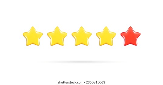 Realistic 3d glossy 5 stars. Customer 3d cartoon golden and red star, best quality review, user rating, feedback score icon, rating symbol. Vector illustration isolated on white background