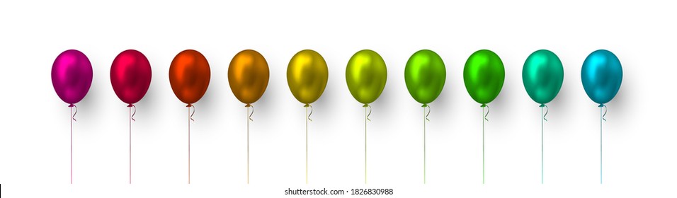 Realistic 3d glossy balloons in blue, green, yellow and red colors. Vector elements for holiday backgrounds or birthday party. Isolated on white.