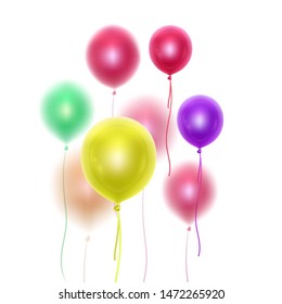 Realistic 3D glossy balloons of rainbow colors with blur effect. Decorative element for party invitation design or greeting cards, Vector EPS 10 format