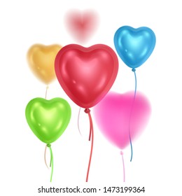 Realistic 3D glossy balloons of rainbow colors with blur effect. Balloons with shape of hearts Decorative element for party invitation design or greeting cards, Vector EPS 10 format