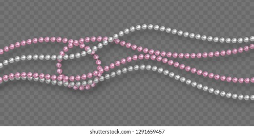 Realistic 3d glossy beads in pink and white colors. Isolated on transparent background. Decorative design element. Vector illustration.