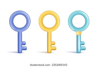 Realistic 3d glossy blue and golden key icon. Decorative cartoon 3d confidential personal element, security key, private safety symbol. Abstract vector illustration isolated on a white background