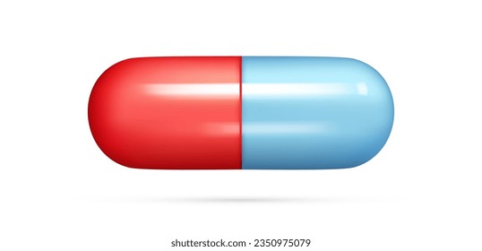 Realistic 3d glossy capsule pill. Cartoon 3d cylinder blue and red tablet icon, pharmaceutical capsule, pill icon, medical drug, healthcare concept. Vector illustration isolated on white background