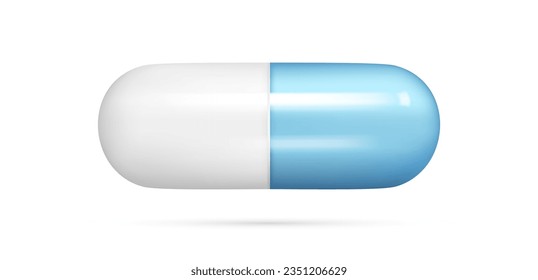 Realistic 3d glossy capsule pill. Cartoon 3d cylinder blue and white tablet icon, pharmaceutical capsule, pill icon, medical drug, healthcare concept. Vector illustration isolated on white background