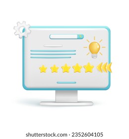 Realistic 3d glossy computer, rating feedback with stars, search bar. Customer 3d quality review, user rating, feedback score icon, five-point scale. Vector illustration isolated on white background