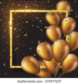 Realistic 3D glossy golden ballons with glitter frame and confetti. Decorative element for party invitation design, blur effect. Vector illustration. EPS 10.