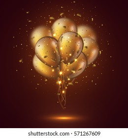 Realistic 3D glossy golden balloons with confetti and glowing lights. Decorative element for party invitation design, blur effect. Vector illustration. EPS 10.