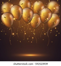 Realistic 3D glossy golden balloons with confetti and glowing lights. Decorative element for party invitation design, blur effect. Vector illustration.