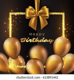 Realistic 3D glossy golden balloons with glitter frame and bow. Luxury happy birthday design. Vector illustration.