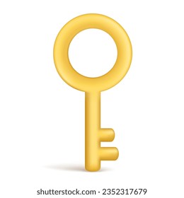 Realistic 3d glossy golden key icon. Decorative cartoon 3d confidential personal element, security key, private safety symbol. Abstract vector illustration isolated on a white background