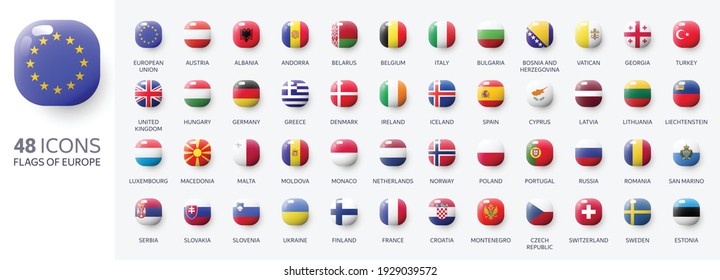 Realistic 3d glossy icons of european countries, european flags. Vector illustration	
