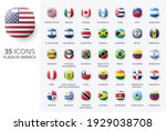 Realistic 3d glossy icons of Nort and South America countries, American flags. Vector illustration	
