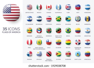 Realistic 3d glossy icons of Nort and South America countries, American flags. Vector illustration	
