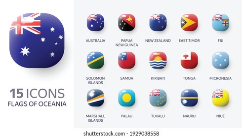 Realistic 3d glossy icons of Oceania countries, Oceanian flags. Vector illustration	
