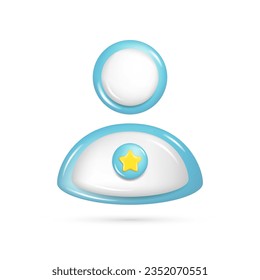 Realistic 3d glossy person, user icon with star. Customer 3d cartoon element, blue and white customer symbol, profile or avatar UI icon. Vector illustration isolated on white background