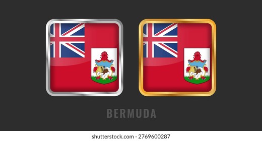 Realistic 3D glossy square flag of Bermuda with gold and silver borders. Red ensign with Union Jack and national coat of arms for app icons.