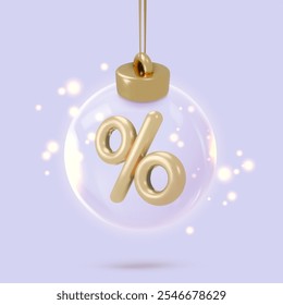 Realistic 3d gold Christmas ball with glass and golden percent inside. Happy New Year Vector illustration for card, party, design, flyer, banner, web, advertising. Christmas sale. Black friday