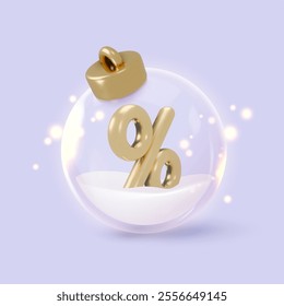 Realistic 3d gold Christmas ball with glass and golden percent inside. Happy New Year Vector illustration for card, party, design, flyer, banner, web, advertising. Christmas sale. Black friday