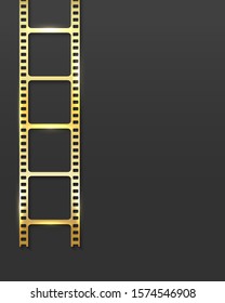 Realistic 3D gold cinema film strip isolated on grey background. Festive design cinema film reel frame with place for text. Vector template movie for advertisement, poster, brochure, banner, flyer.