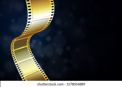 Realistic 3D gold cinema film strip isolated on blue background. Festive design cinema film frame with place for text. Vector template movie for advertisement, poster, brochure, banner, flyer. EPS 10