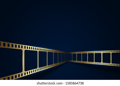 Realistic 3D gold cinema film strip isolated on blue background. Festive design cinema film frame with place for text. Vector template movie for advertisement, poster, brochure, banner, flyer. EPS 10